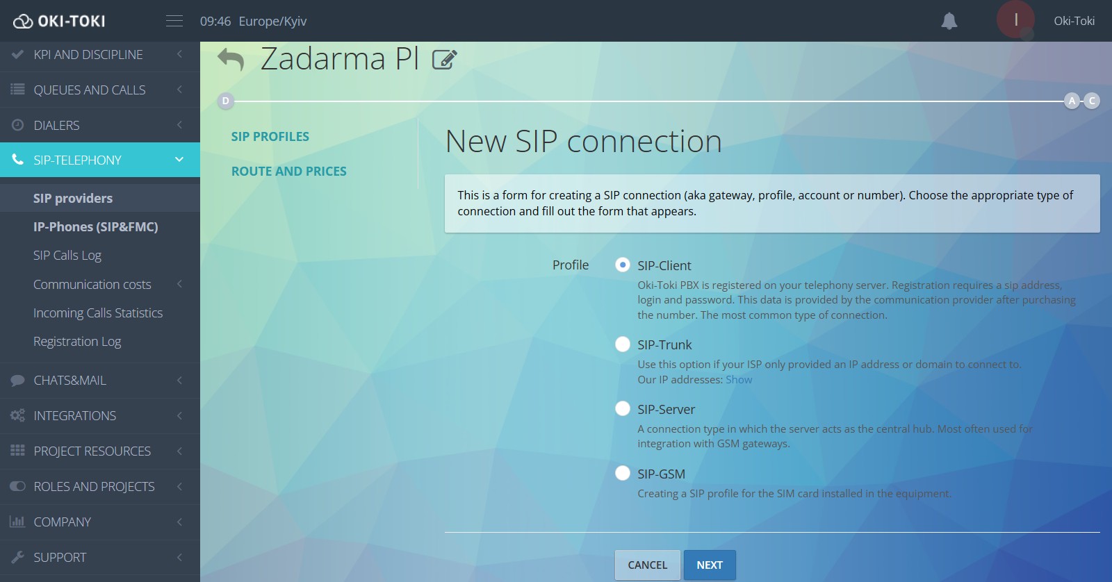 SIP bağlantısı seçimi