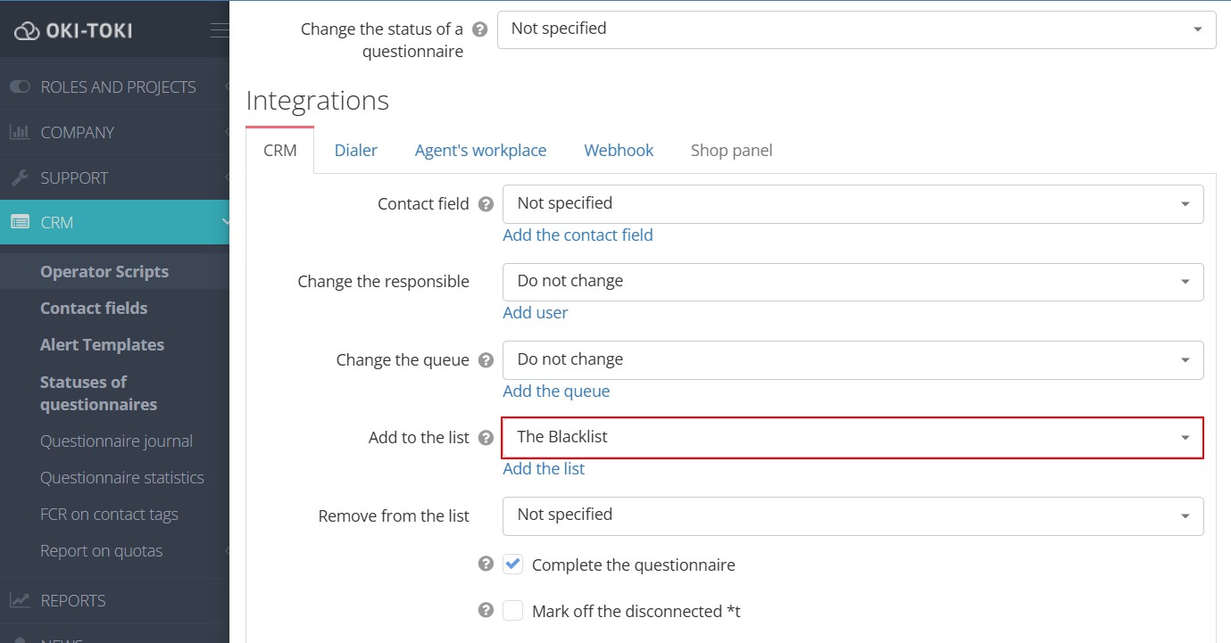CRM formunda kara liste