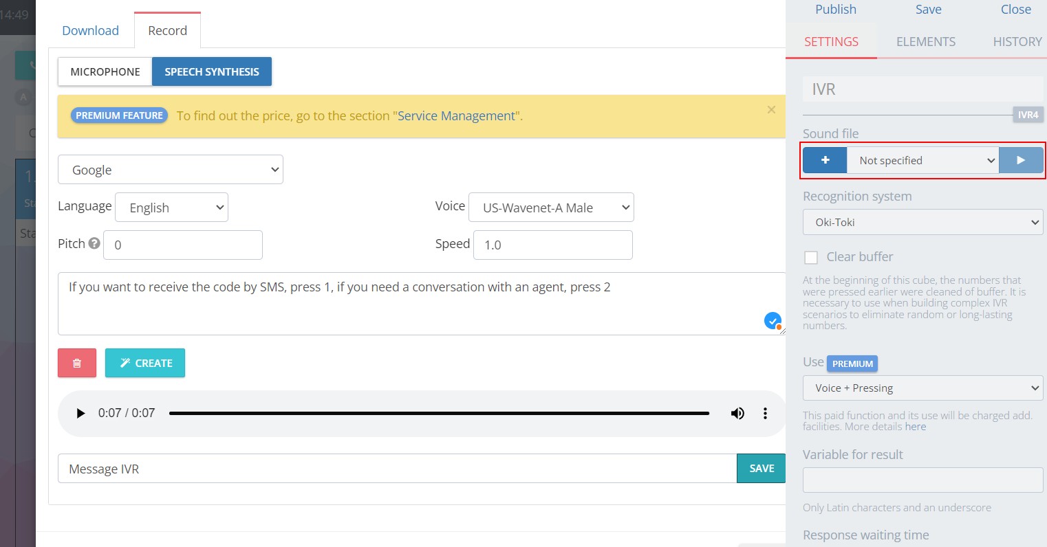 Audio message for IVR voice menu