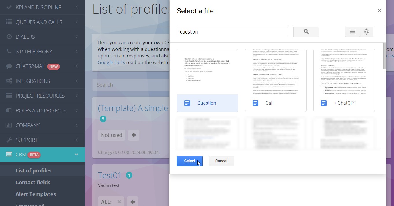 Choosing a document with a questionnaire