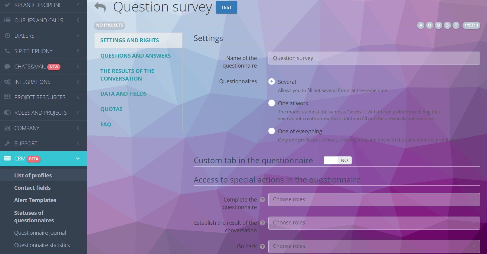 Additional questionnaire settings CRM