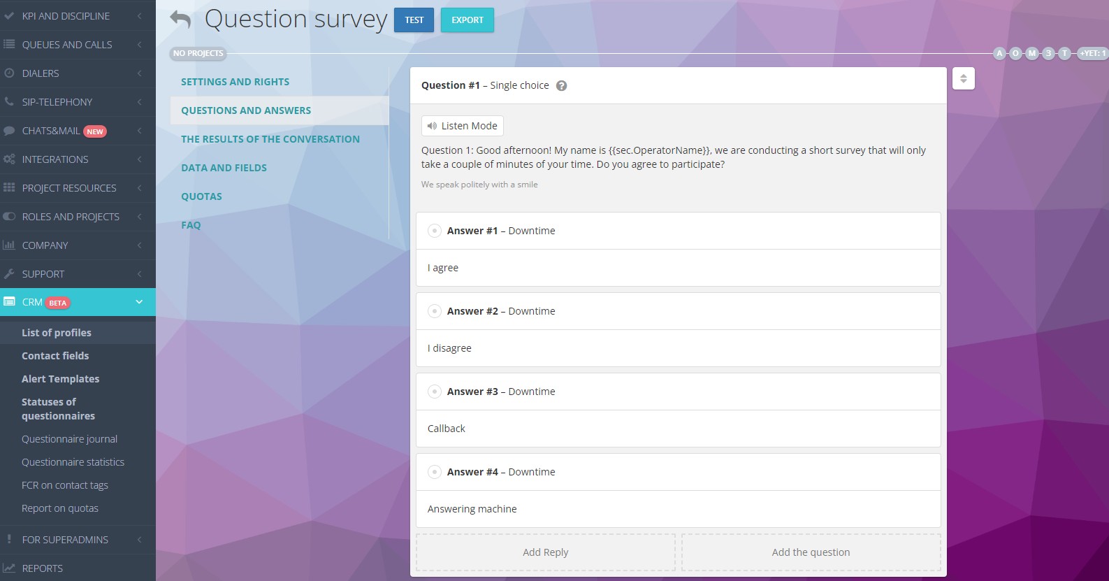 Questions and answers of the questionnaire