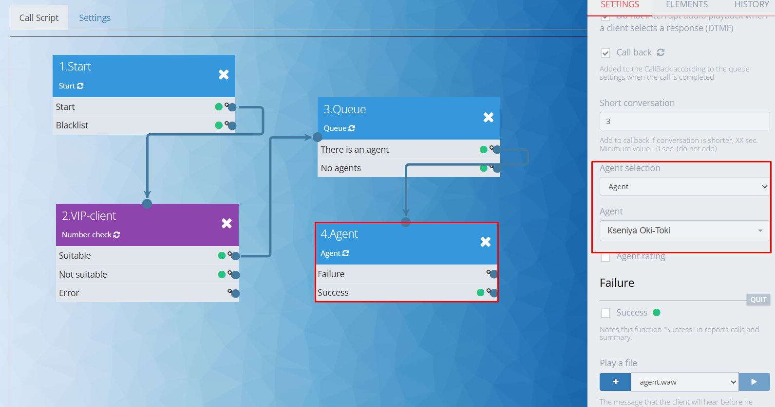 Çağrı script'inde Agent seçimi