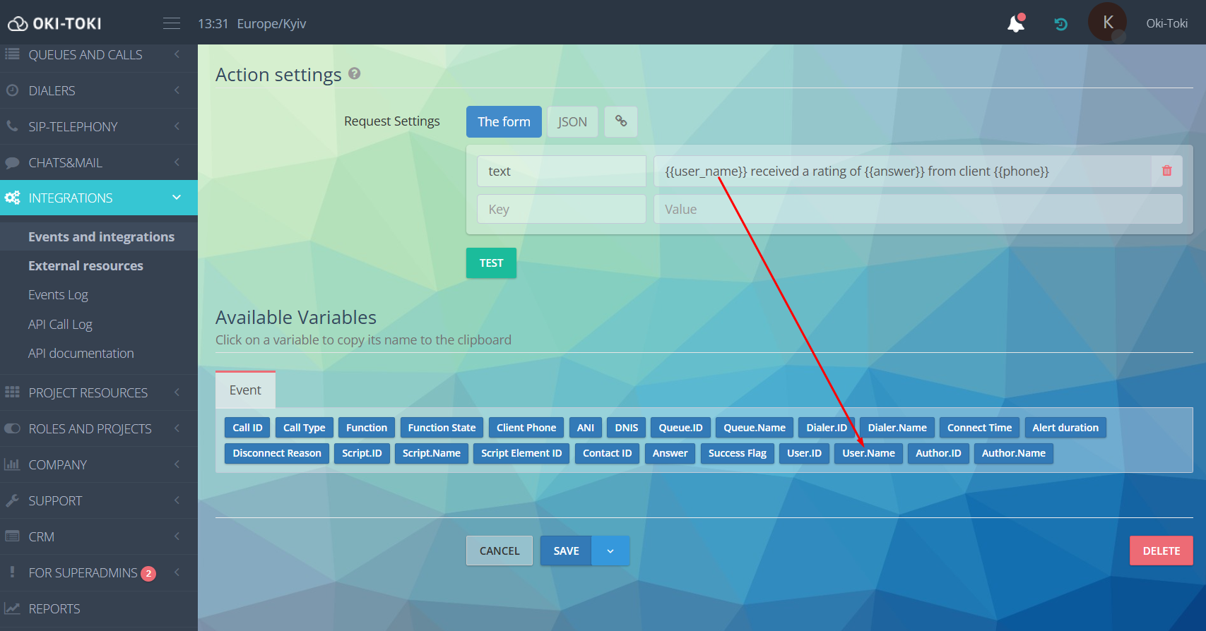 Telegram için Eylem Parametreleri
