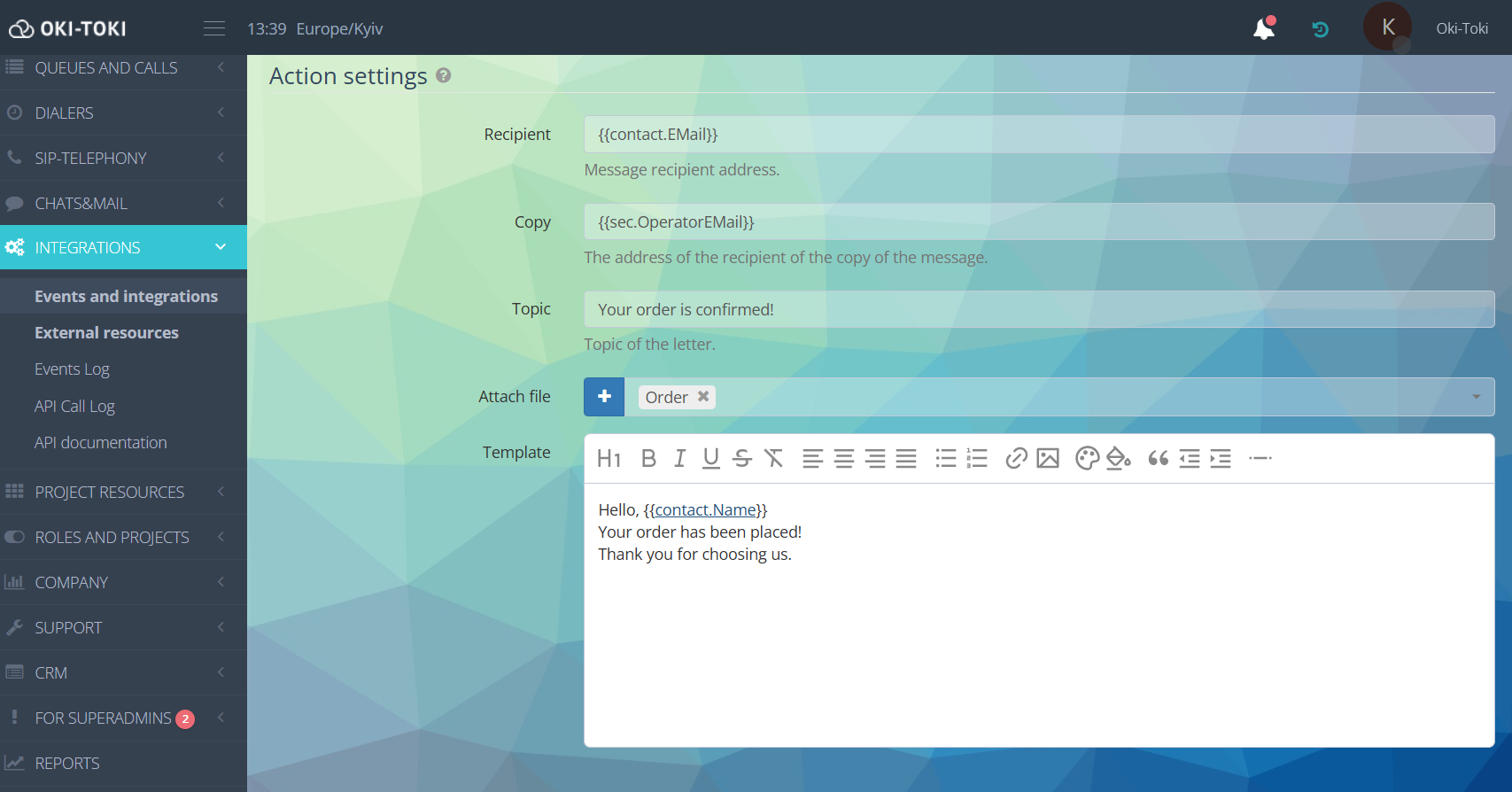 Mail SMTP için Eylem Parametreleri